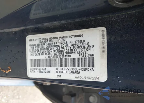 2003 Toyota Corolla Ce/Le/S from USA, damaged, VIN 2T1BR32E73C004940